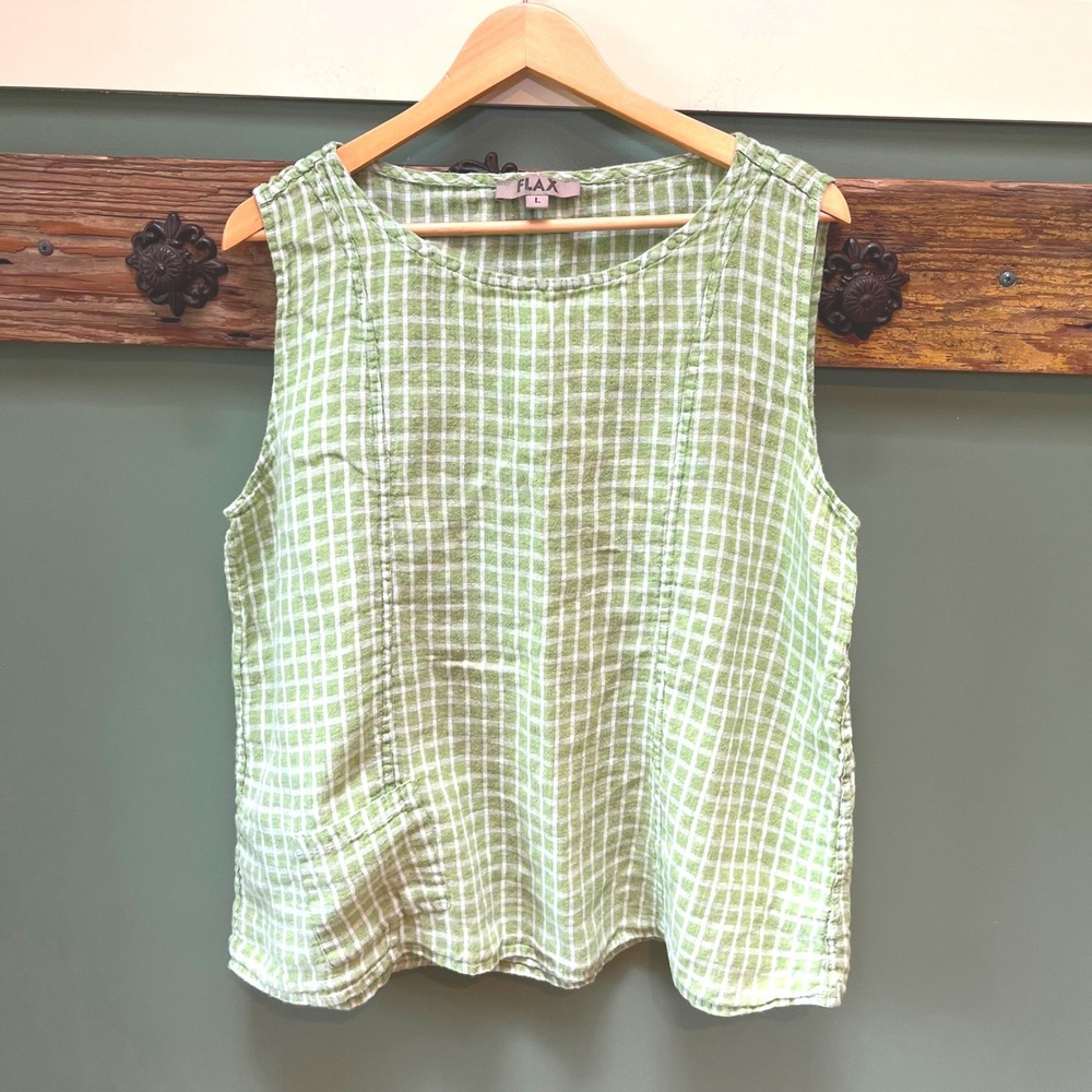 FLAX 100% Linen Gingham Check Sleeveless Tank Top Green White Large Lagenlook